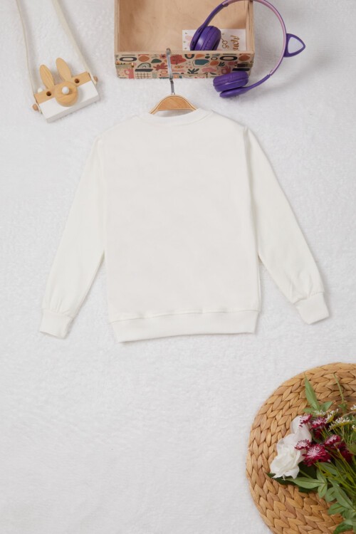 Ekru Tavşan Nakışlı Yazılı Kız Çocuk Sweatshirt 16946