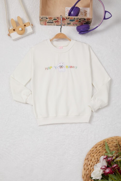 Ekru Tavşan Nakışlı Yazılı Kız Çocuk Sweatshirt 16946