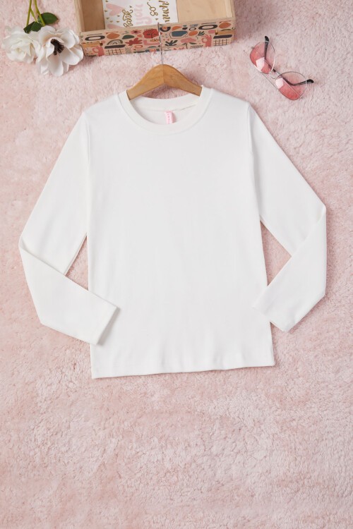 Ekru Uzun Kollu Kız Çocuk Düz Sweatshirt 16576