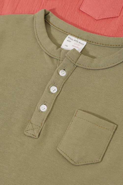 Erkek Bebek Düğmeli Yakalı Cepli 2li Sweatshirt Haki-Kiremit 17330