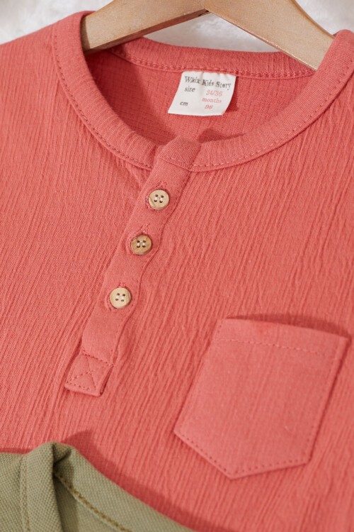 Erkek Bebek Düğmeli Yakalı Cepli 2li Sweatshirt Haki-Kiremit 17330