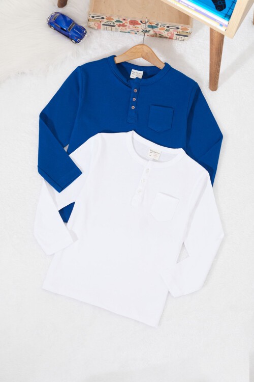 Erkek Bebek Düğmeli Yakalı Cepli 2li Sweatshirt Lacivert-Beyaz 17332