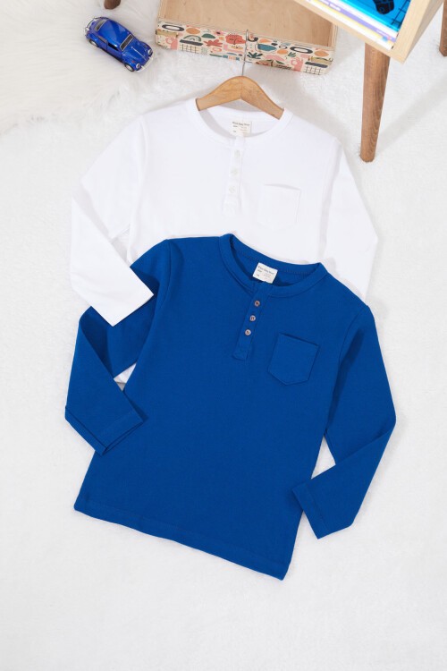 Erkek Bebek Düğmeli Yakalı Cepli 2li Sweatshirt Lacivert-Beyaz 17332