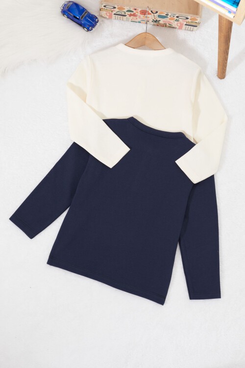 Erkek Bebek Düğmeli Yakalı Cepli 2li Sweatshirt Lacivert-Krem 17329