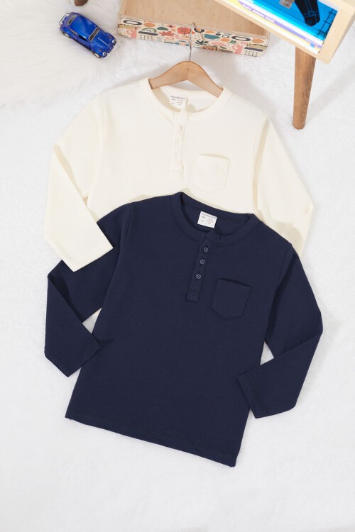 Erkek Bebek Düğmeli Yakalı Cepli 2li Sweatshirt Lacivert-Krem 17329