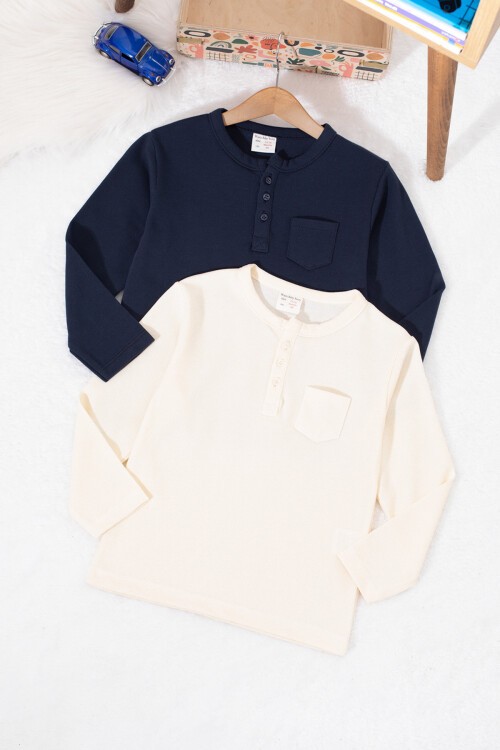 Erkek Bebek Düğmeli Yakalı Cepli 2li Sweatshirt Lacivert-Krem 17329