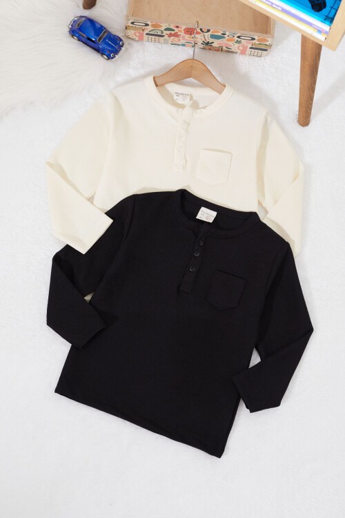 Erkek Bebek Düğmeli Yakalı Cepli 2li Sweatshirt Siyah-Krem 17328