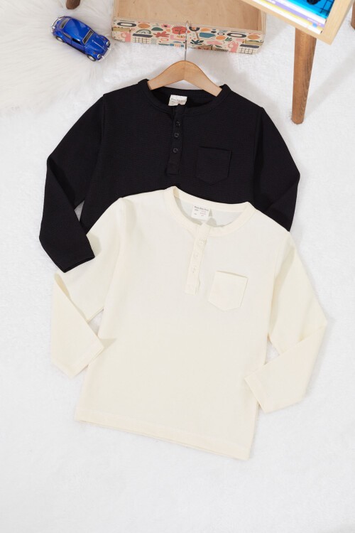 Erkek Bebek Düğmeli Yakalı Cepli 2li Sweatshirt Siyah-Krem 17328