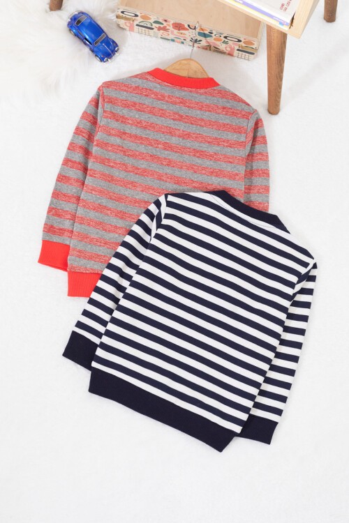 Erkek Bebek Yazı Nakışlı Çizgili 2li Sweatshirt Lacivert-Kırmızı 17333