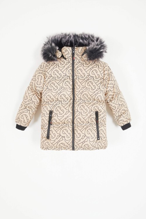 Erkek Çocuk Bej Şişme Mont Siyah Kürklü 15613