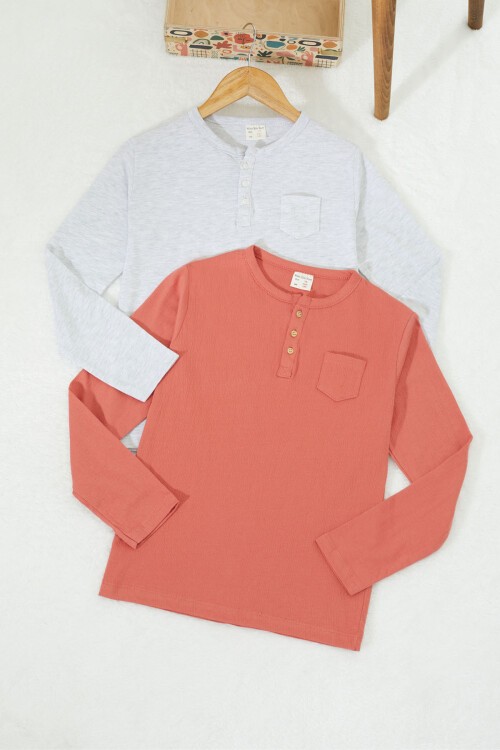 Erkek Çocuk Düğmeli Yaka 2li Sweatshirt Gri-Kiremit 17334