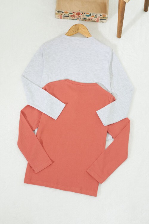 Erkek Çocuk Düğmeli Yaka 2li Sweatshirt Gri-Kiremit 17334