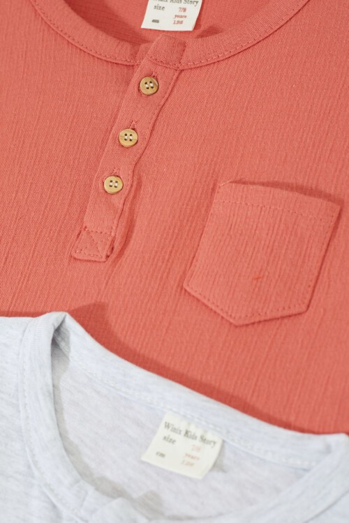 Erkek Çocuk Düğmeli Yaka 2li Sweatshirt Gri-Kiremit 17334