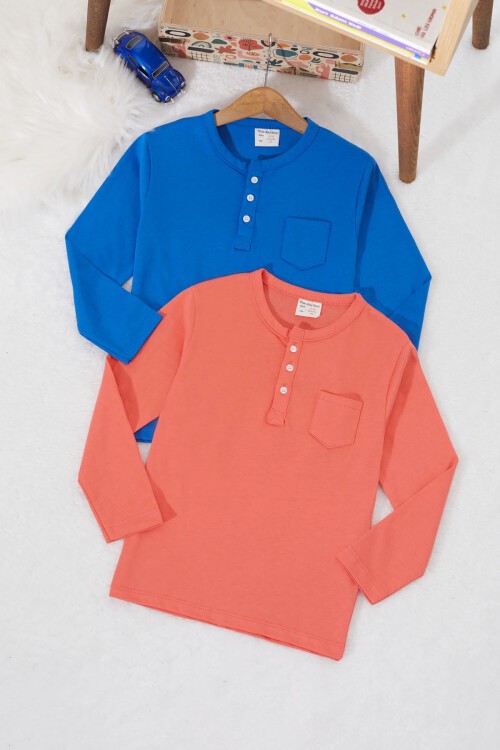 Erkek Çocuk Düğmeli Yaka 2li Sweatshirt Lacivert-Turuncu 17335