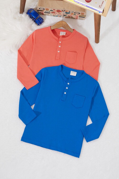 Erkek Çocuk Düğmeli Yaka 2li Sweatshirt Lacivert-Turuncu 17335