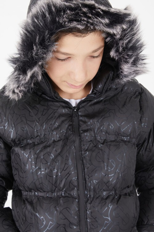 Erkek Çocuk Siyah Şişme Mont Siyah Kürklü 15480