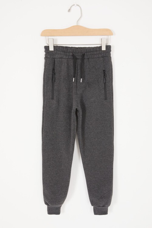 Füme Beli Lastikli Fermuarlı Cep Erkek Çocuk Şardonlu Eşofman Altı 17060