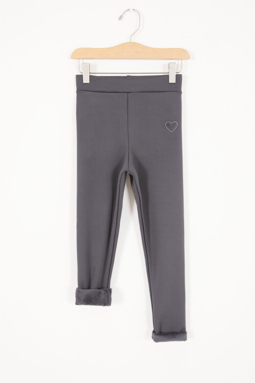 Füme Kalp Nakışlı İçi Peluş Kız Çocuk Tayt 17149