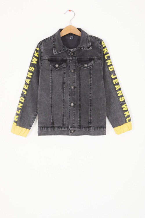 Füme Kolları Yazılı Kapüşonlu Erkek Çocuk Jean Ceket 16814