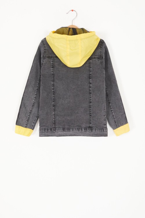 Füme Kolları Yazılı Kapüşonlu Erkek Çocuk Jean Ceket 16814