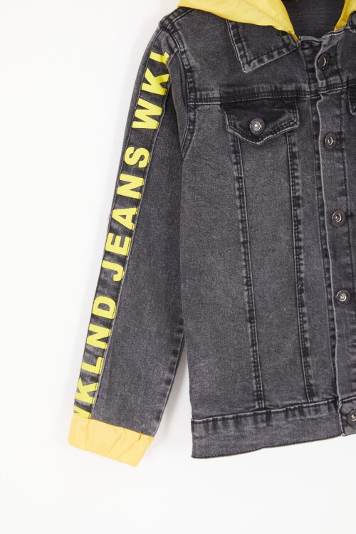 Füme Kolları Yazılı Kapüşonlu Erkek Çocuk Jean Ceket 16814