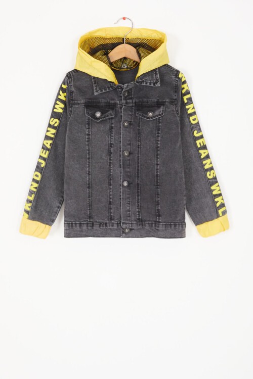 Füme Kolları Yazılı Kapüşonlu Erkek Çocuk Jean Ceket 16814