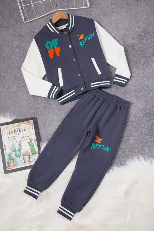 Füme Sırtı Baskılı Şardonlu Erkek Çocuk Kolej Eşofman Takımı 17097