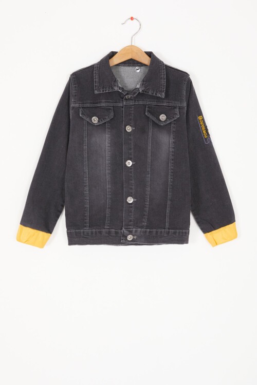 Füme Yazı Nakışlı Kapüşonlu Erkek Çocuk Jean Ceket 16812