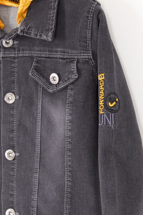 Füme Yazı Nakışlı Kapüşonlu Erkek Çocuk Jean Ceket 16812