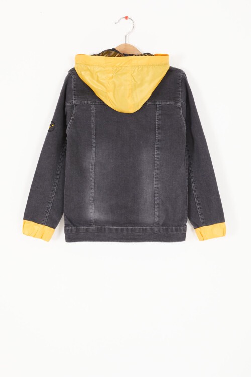 Füme Yazı Nakışlı Kapüşonlu Erkek Çocuk Jean Ceket 16812