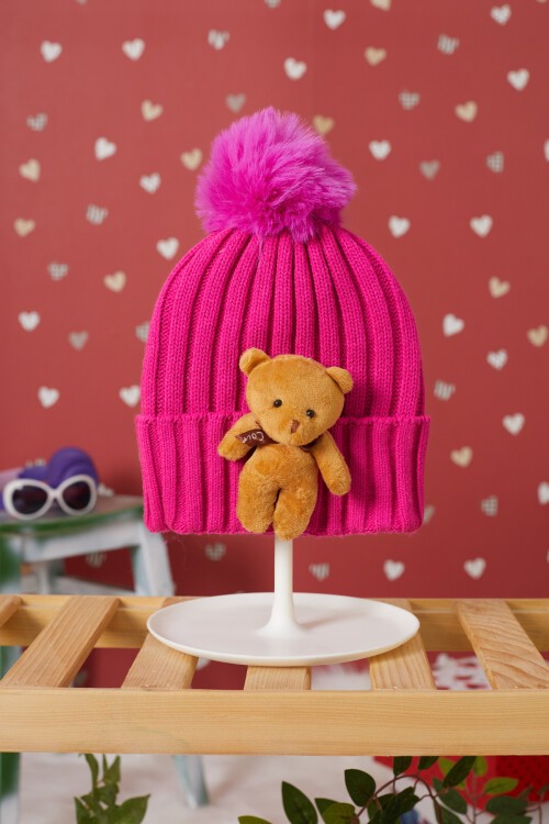 Fuşya Ayıcık Detaylı Ponponlu Çocuk Bere 17227