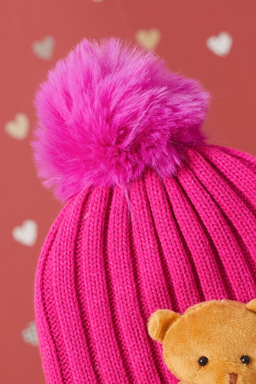 Fuşya Ayıcık Detaylı Ponponlu Çocuk Bere 17227