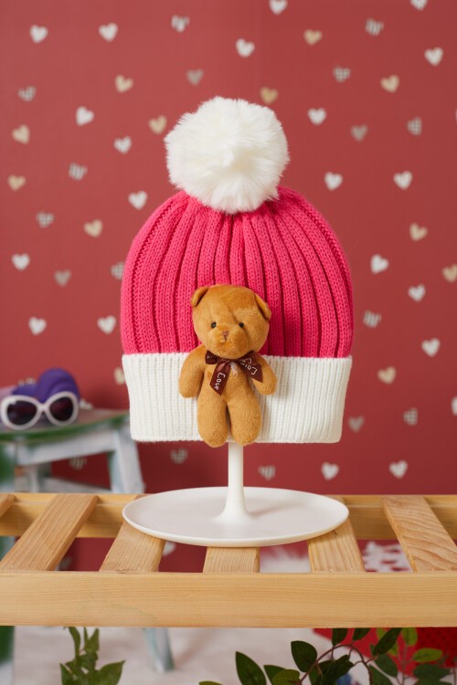 Fuşya Sevimli Ayıcıklı Renkli Ponponlu Çocuk Bere 17233