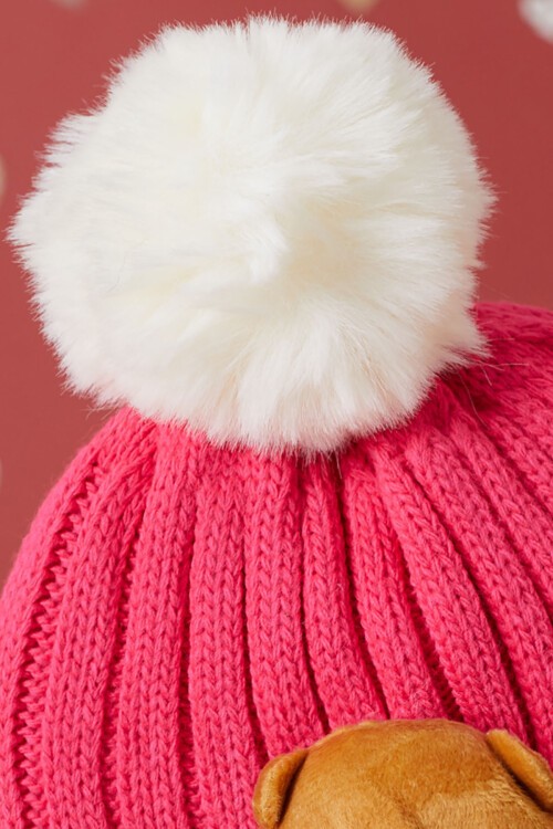 Fuşya Sevimli Ayıcıklı Renkli Ponponlu Çocuk Bere 17233