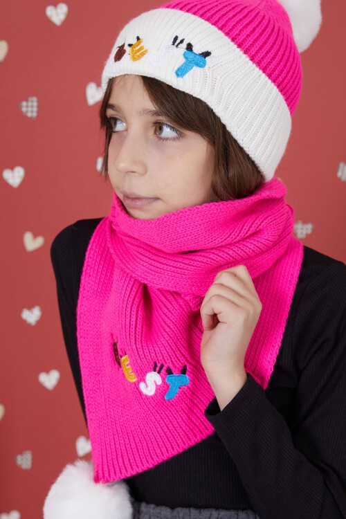 Fuşya Yazı Nakışlı Ponponlu Kız Çocuk Atkı Bere Seti 17290