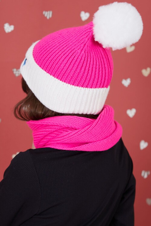 Fuşya Yazı Nakışlı Ponponlu Kız Çocuk Atkı Bere Seti 17290