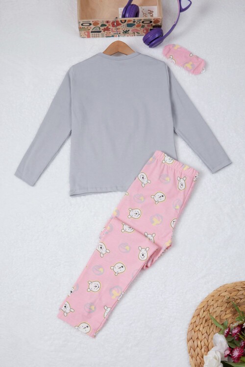 Gri Ayıcık Baskılı Yazılı Kız Çocuk Pijama Takımı 16925