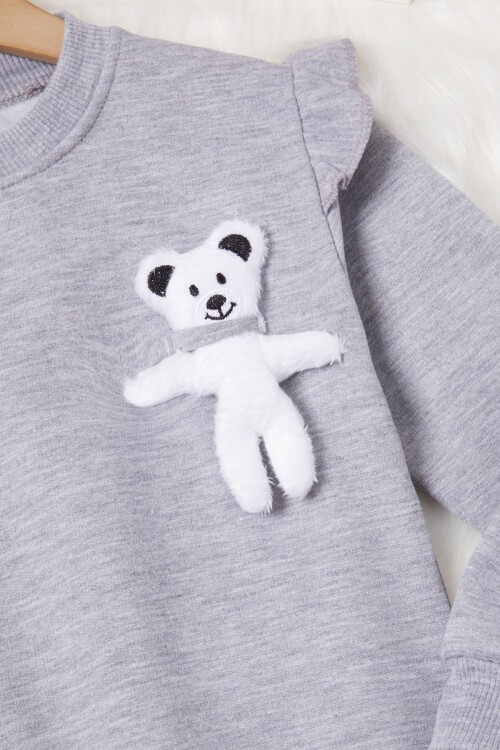 Gri Ayıcıklı Kolları Volanlı Kız Çocuk Şardonlu Sweatshirt 16984
