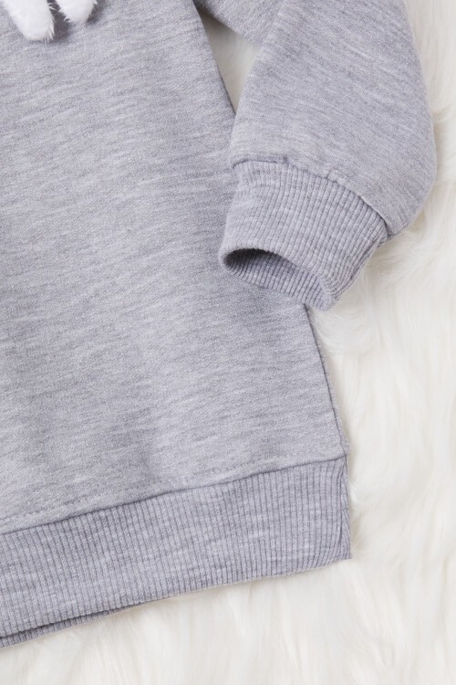 Gri Ayıcıklı Kolları Volanlı Kız Çocuk Şardonlu Sweatshirt 16984