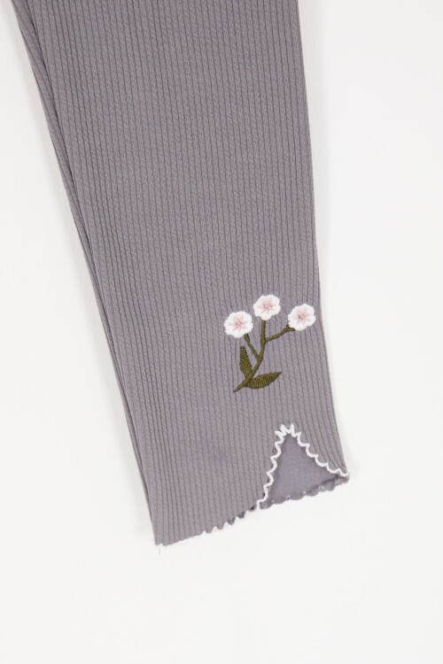 Gri Çiçek Nakışlı Fitilli Kız Çocuk Tayt 16990