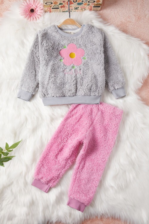 Gri Çiçek Nakışlı Kız Bebek Peluş Eşofman Takımı 17121