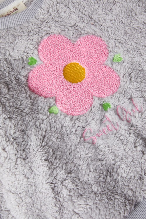 Gri Çiçek Nakışlı Kız Bebek Peluş Eşofman Takımı 17121