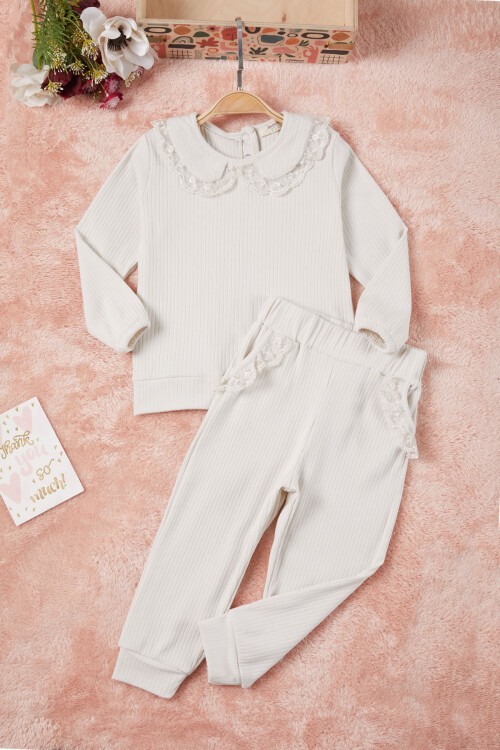 Gri Dantel Yakalı Fitilli Kız Bebek Takım 17153