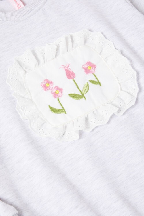 Gri Dantelli Lale Nakışlı Kız Çocuk Sweatshirt 16770