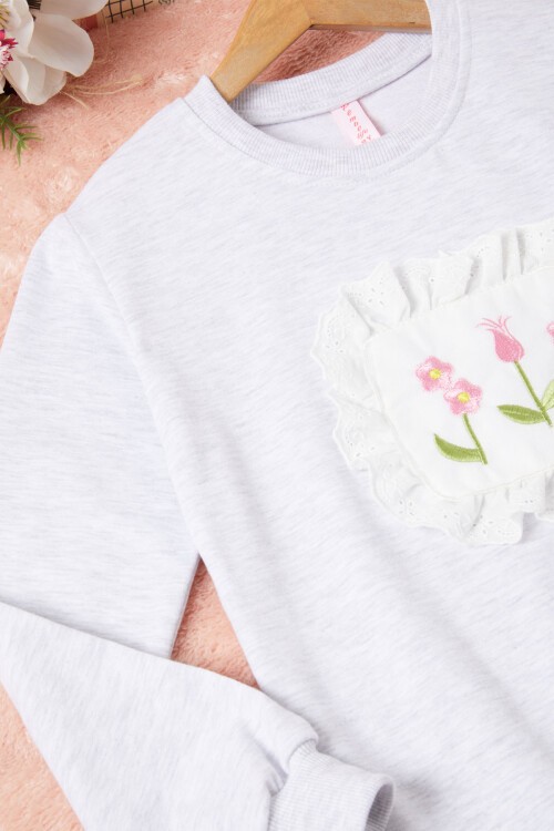Gri Dantelli Lale Nakışlı Kız Çocuk Sweatshirt 16770