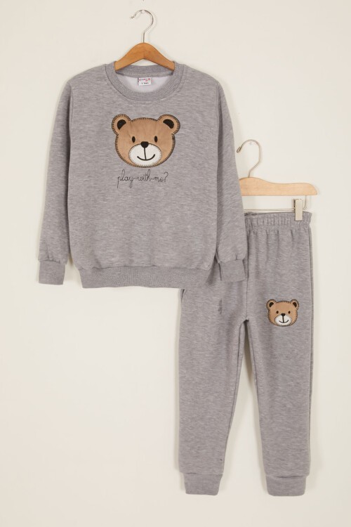 Gri Erkek Çocuk Sevimli Ayıcık Temalı Şardonlu 3 İplik 2li Takım