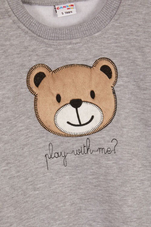 Gri Erkek Çocuk Sevimli Ayıcık Temalı Şardonlu 3 İplik 2li Takım