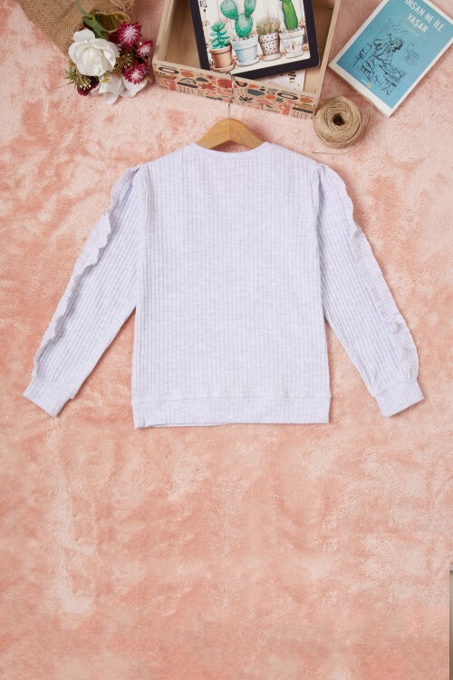 Gri Fırfırlı Kedi Nakışlı Kız Çocuk Badi 16579