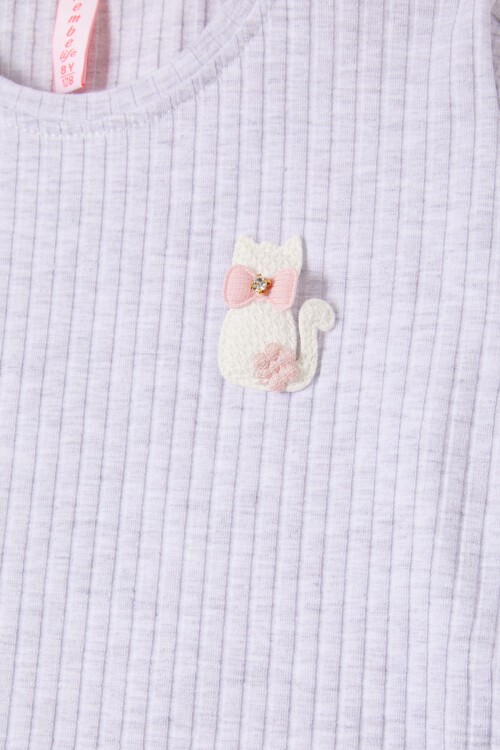 Gri Fırfırlı Kedi Nakışlı Kız Çocuk Badi 16579