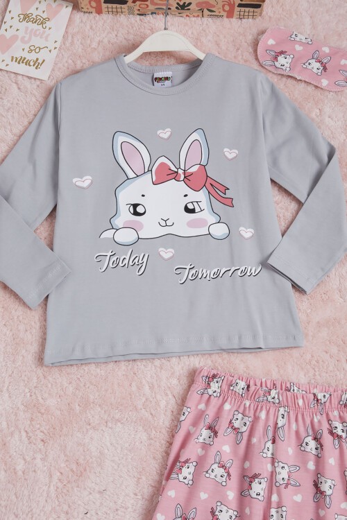 Gri Fiyonklu Kedili Kız Çocuk Pijama Takımı 16336